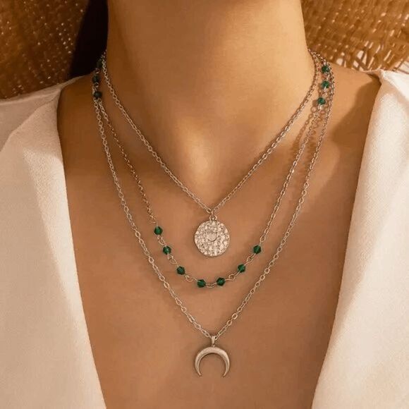 2/$21 Three Layered Green Bead Moon Necklace - Picture 3 of 5